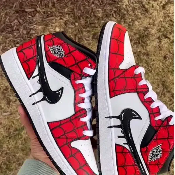Custom Jordan 1 High Red Black Web Pattern Hand Painted Sneakers 001