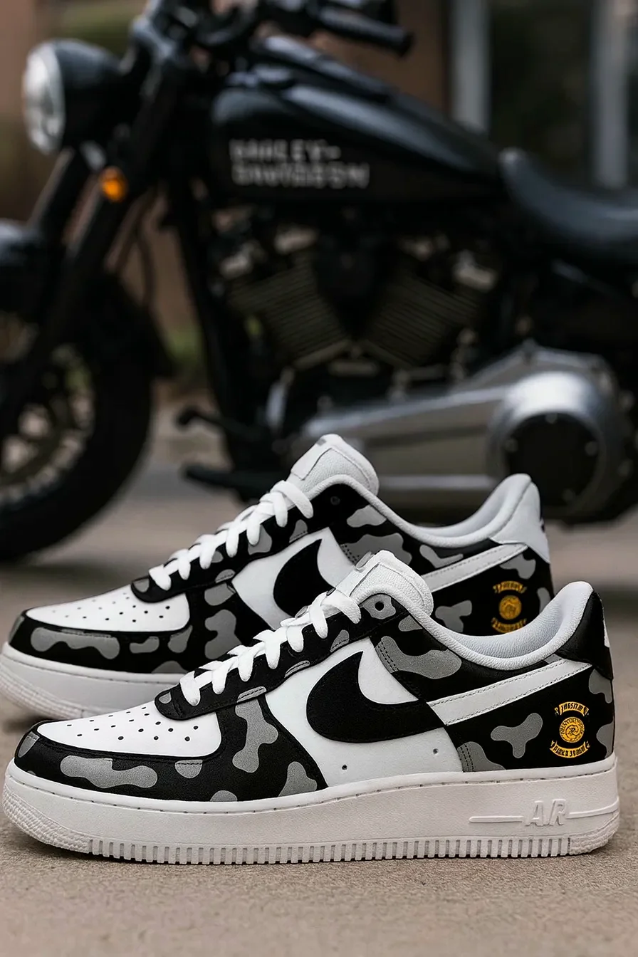 Custom Jordan 1 Low Black White Biker Badge Hand Painted Sneakers 001