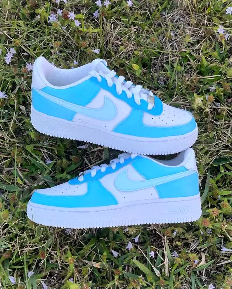 Custom Jordan 1 Low Powder Blue Colorblock Hand Painted Sneakers 001